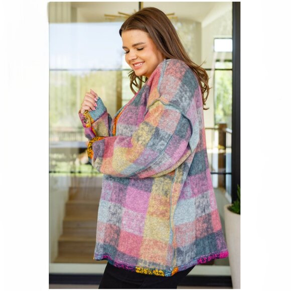 Colorful Plaid Button Front Cardigan Size XXL V-Neck Exposed Seams Casual - Picture 2 of 16